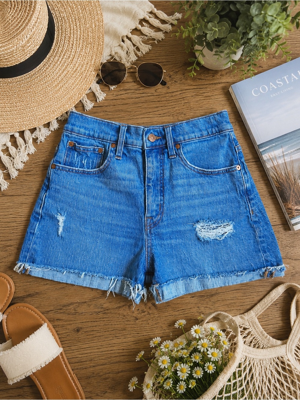 Madewell Distressed Blue Denim high rise Jean Shorts